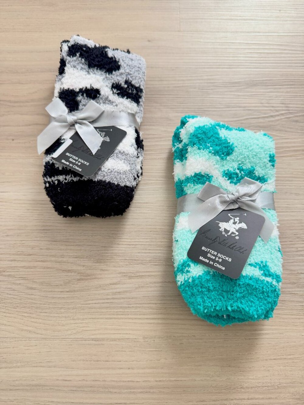 Fuzzy Cozy Women’s Butter Socks Black White /Green Camo 2- Pair Bundle